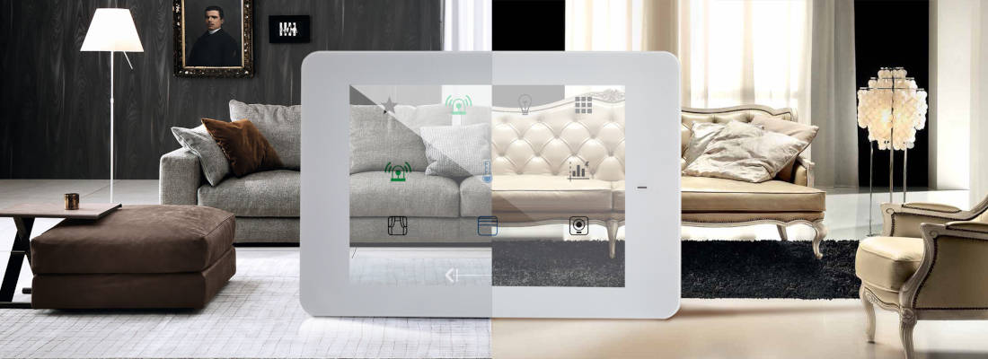 Smart touch screen thermostat for home temperature and lighting management. Detail of the white thermostat with icons showing control functions, integrated in a home environment.
