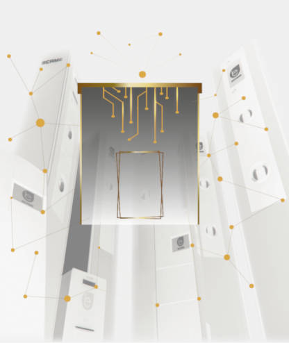 Scame charging station for E-Bike in WEB/NET mode. Abstract image representing a charging station for electric bicycles with vertical structure, golden circuits and connection points, highlighting the connectivity and remote management of the WEB/NET mode for e-bike charging in urban and tourist contexts.