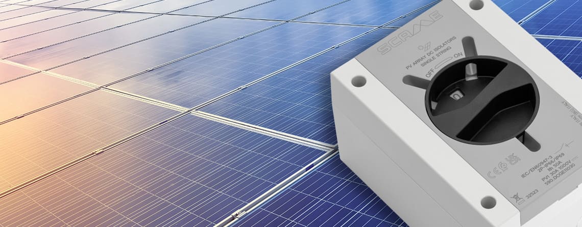 Scame direct current switch for photovoltaic applications, installed on solar panels. Detail of the switch with ON/OFF position indication and technical specifications for photovoltaic systems.