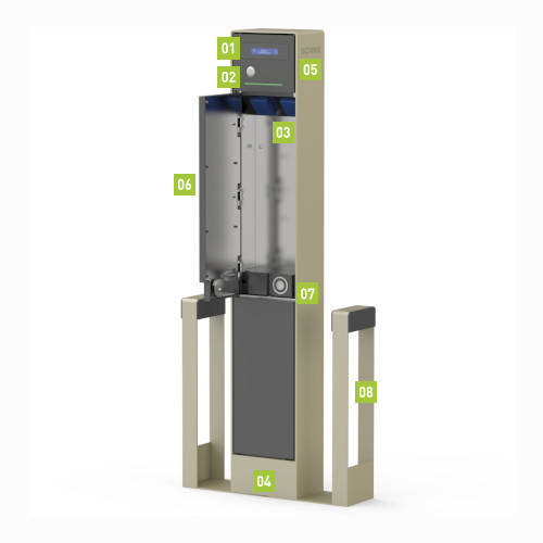 Scame E-Bike charging station with numbered details. Image of a charging station for electric bicycles with vertical structure, highlighting the numbered components such as information display, charging compartment, E-Bike stands and other details, designed for safe and comfortable charging in urban and outdoor contexts.