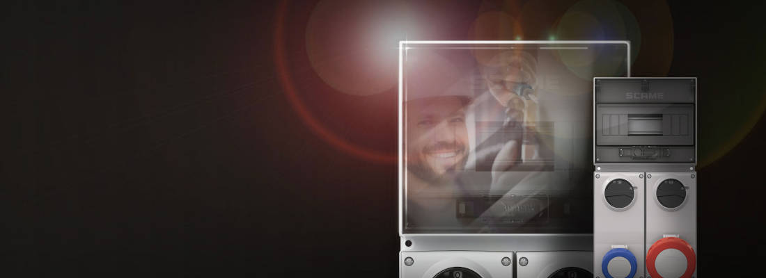 Vertical Scame interlocking industrial sockets. Detail of industrial sockets, with switch and transparent door, for industrial applications that require high security and modularity.